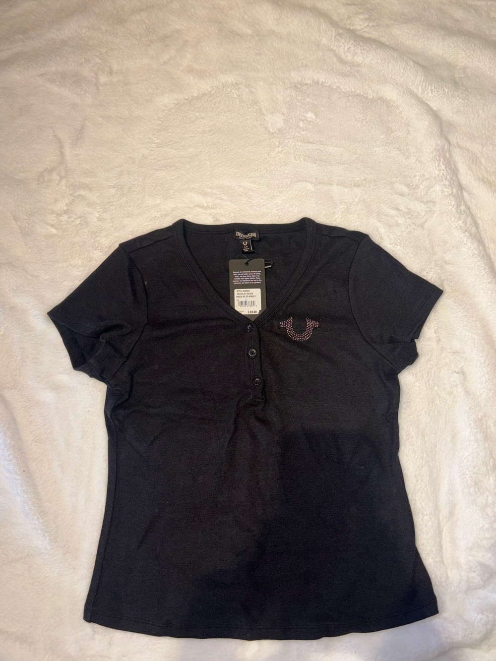 True Religion Women's Black Rhinestone Logo Henley Tee